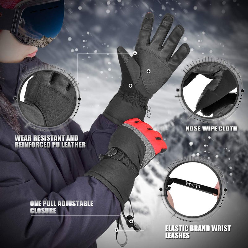 MCTi Ski Gloves,Winter Waterproof Snowboard Snow 3M Thinsulate Warm Touchscreen Cold Weather Women Gloves Wrist Leashes Red Large - Image 4